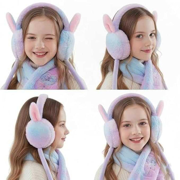 Girl wearing rainbow tie-dye bunny ear earmuffs in winter