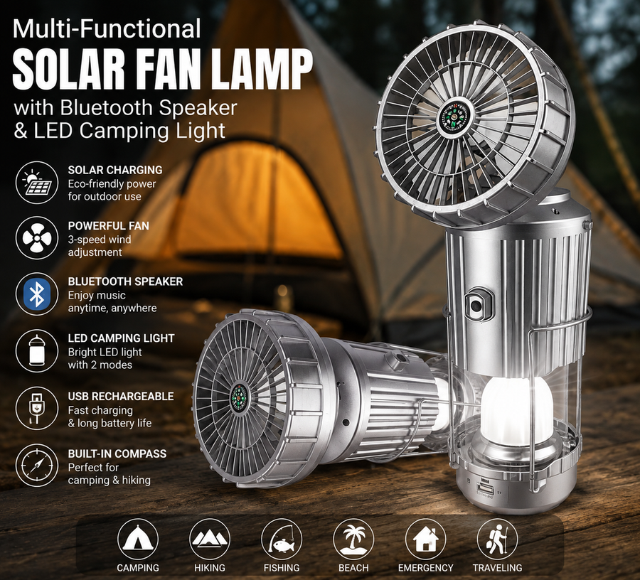 Multi-functional solar fan lamp with Bluetooth speaker and LED camping light – price in Pakistan