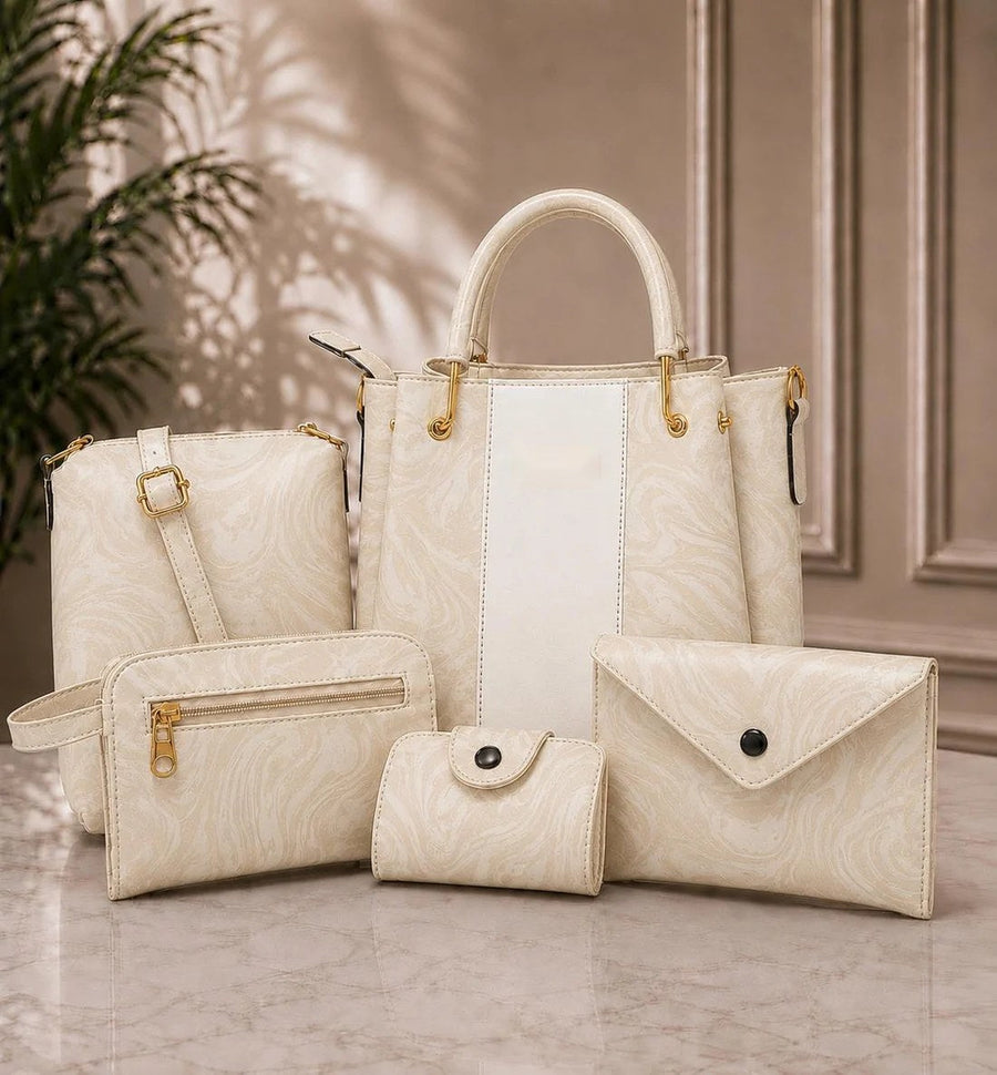 5 piece handbag set in off-white with gold-tone hardware