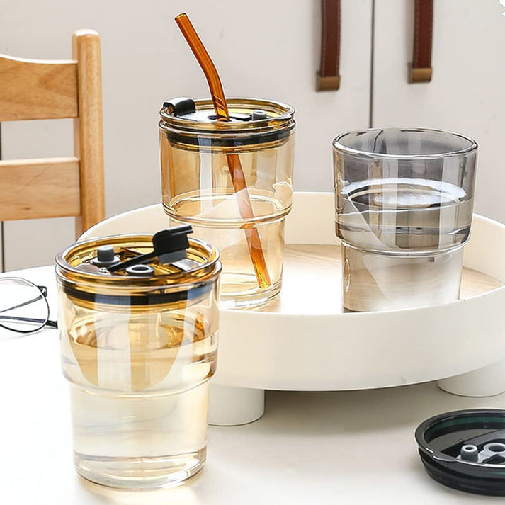 Borosilicate glass cup with leather-look sleeve for hot and cold drinks