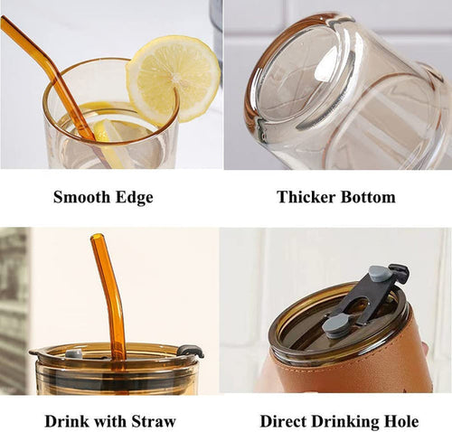 Glass coffee tumbler with lid and stainless steel straw