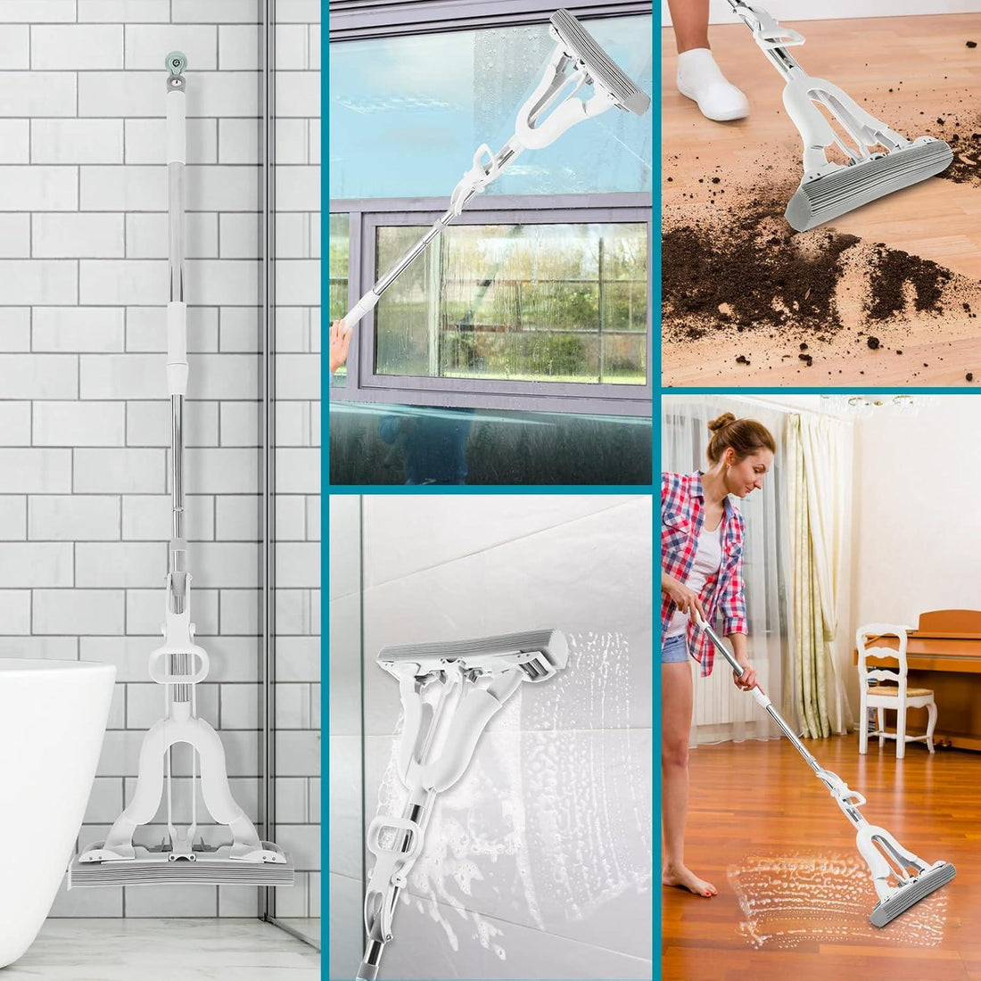 Floor squeegee mop absorbing water on bathroom tiles