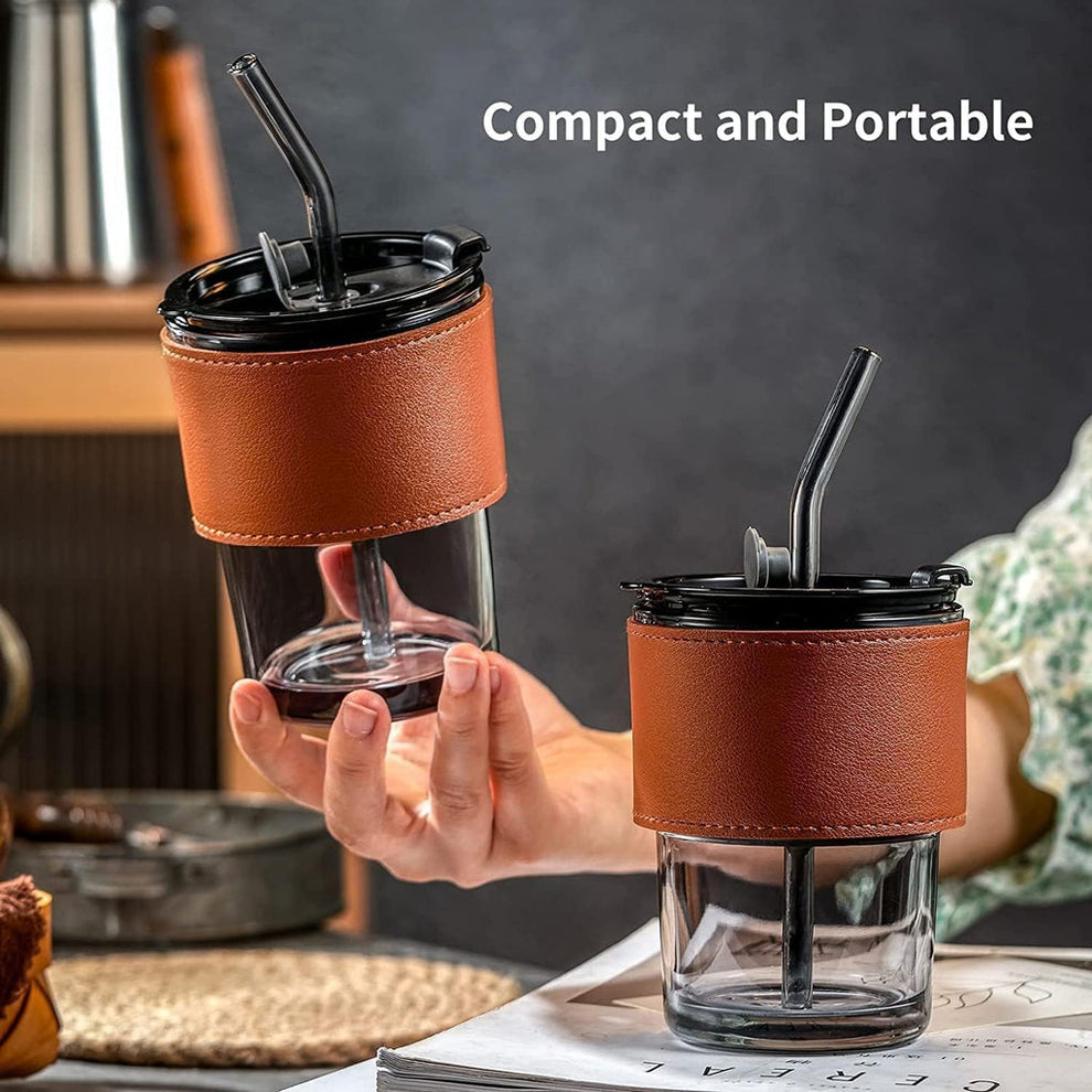 Glass straw cup with leak resistant lid