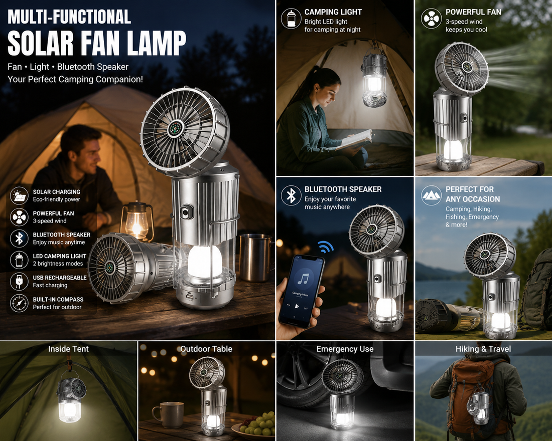 Rechargeable camping fan light used inside a tent, on a table and during power outages