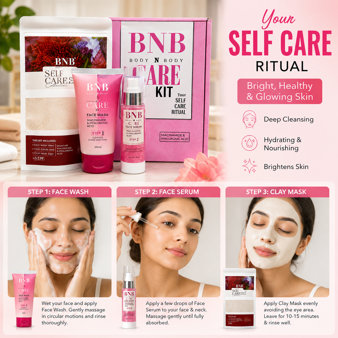Niacinamide and hyaluronic acid skincare set for daily self-care routine