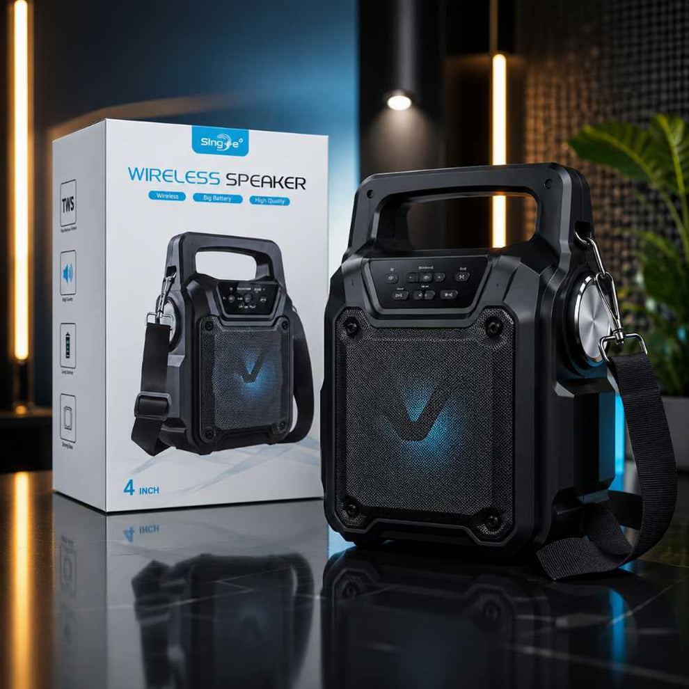 Rechargeable outdoor speaker with solar panel and shoulder strap