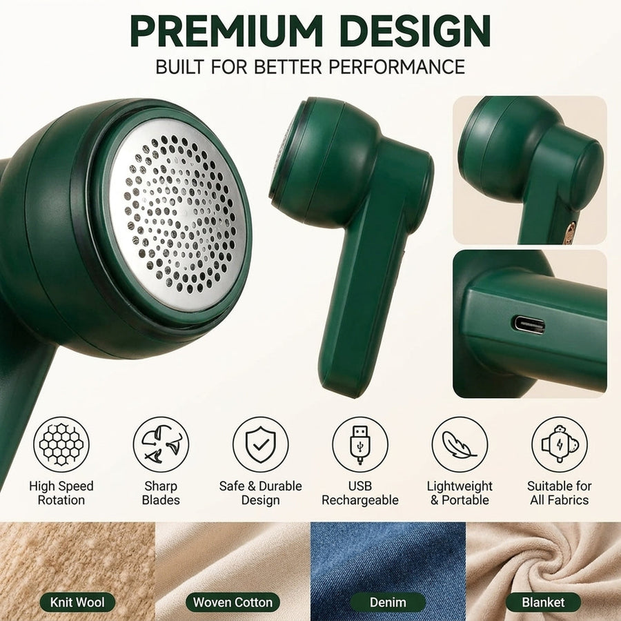 Forest green rechargeable fabric shaver with detachable lint container