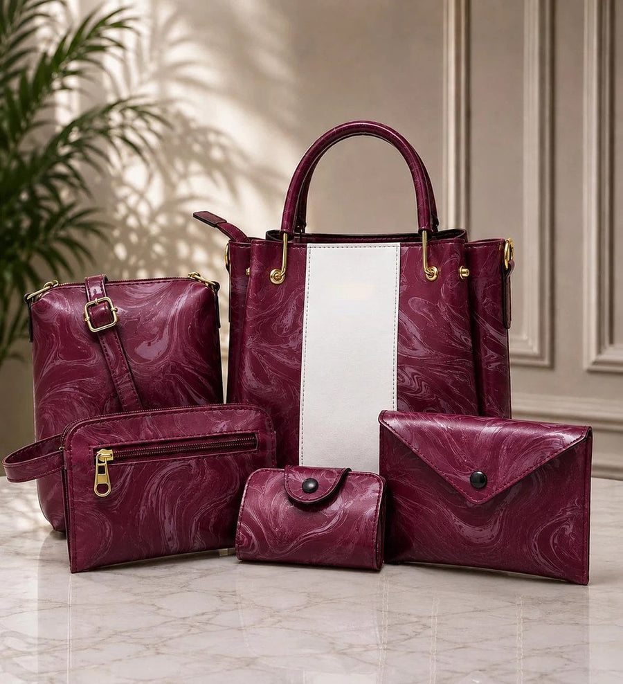 5 piece handbag set for women in maroon – tote bag, crossbody, pouch, clutch and wallet