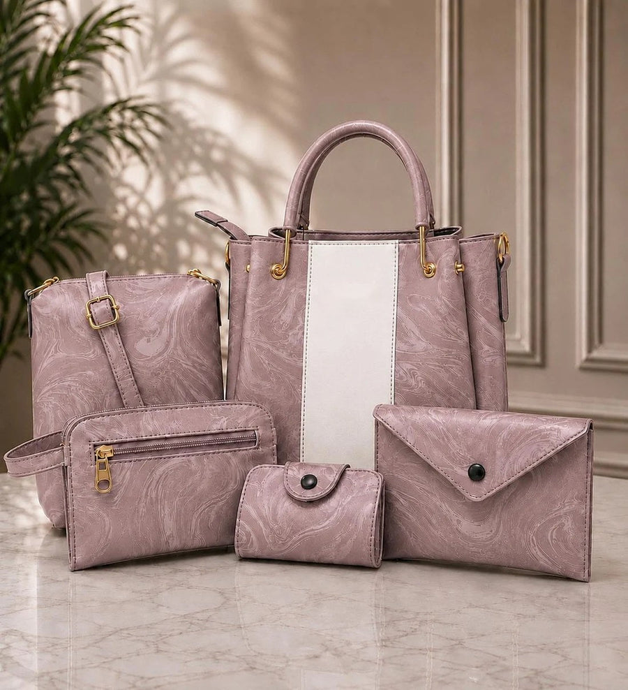 5 piece women bag set in mauve pink