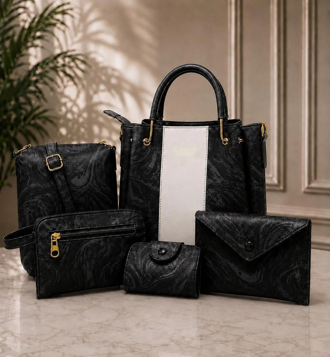 5 piece black handbag set for office and daily use