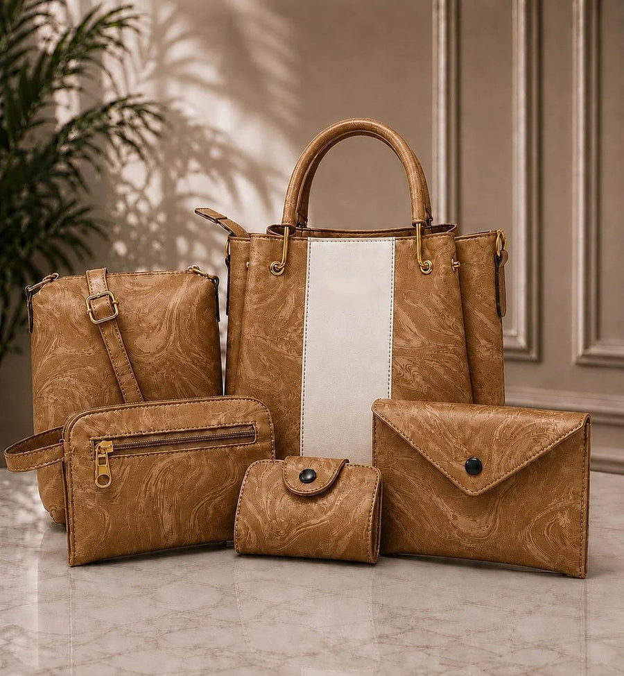 5 piece handbag set in camel brown – tote, clutch and wallet